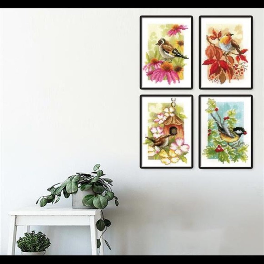 Cross Stitch Style Birds Wall Art Set of 4 Prints